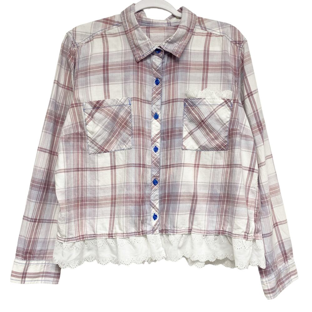 Vintage Womens Plaid Eyelet Ruffle Trip Button Up Long Sleeve Crop Top